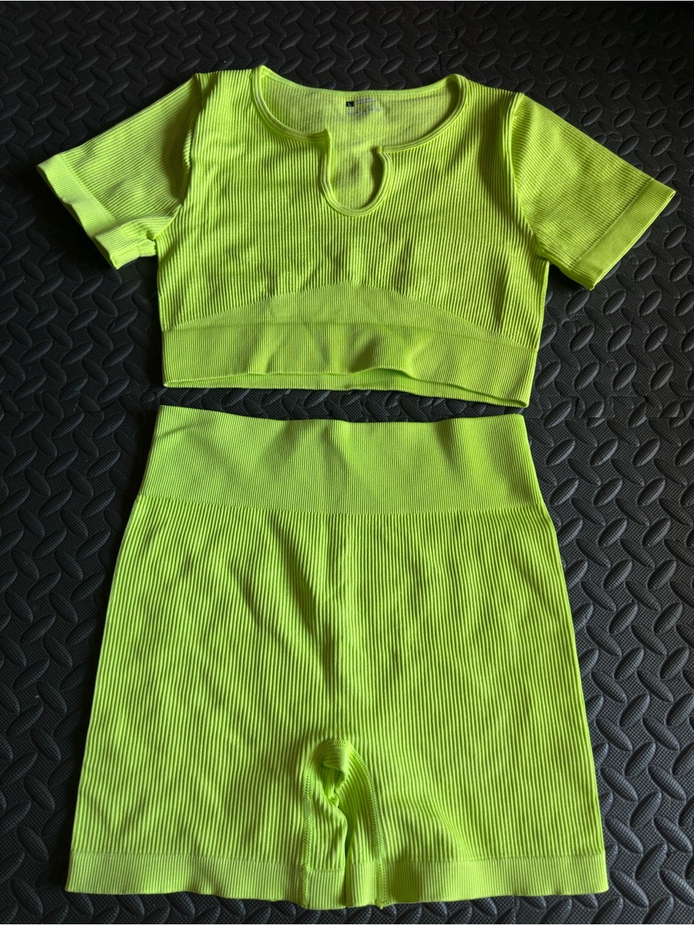 Neon Lime Seamless Ribbed Crop Top & High-Waist Shorts Set